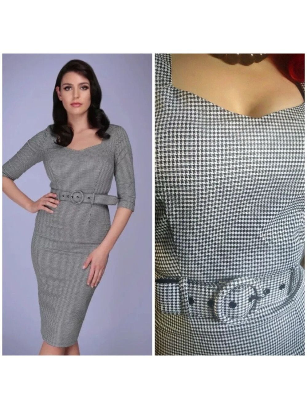 Collectif Katya Belted 50's Pencil Dress in Houndstooth Print Black and White